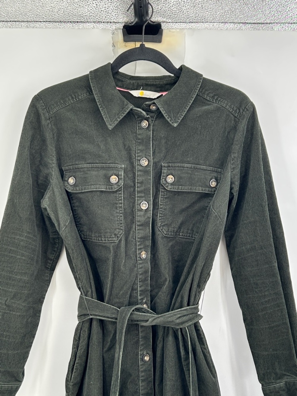 Boden Corduroy Midi Shirt Dress Green Button Front Belted Size 12P US - Picture 3 of 8